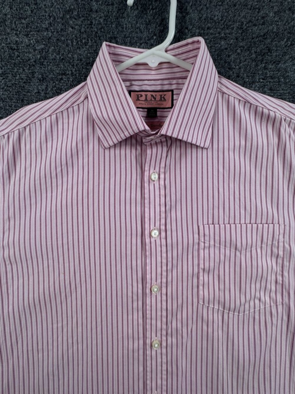 Thomas Pink 16 Slim Cotton Men Point Traveller Pink White Striped Shirt Pocket